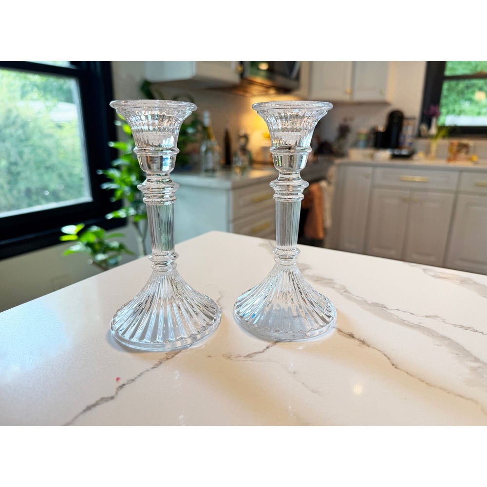 Lenox Austrian Crystal Candlestick Holders 5.5 Inch Ribbed Glass Set of 2